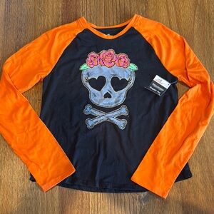 Orange and Black Skull Graphic Long Sleeve Shirt